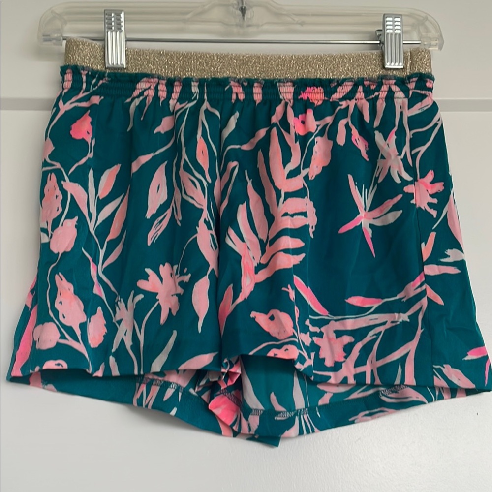 Floral Teal and Pink Shorts with Gold Waistband